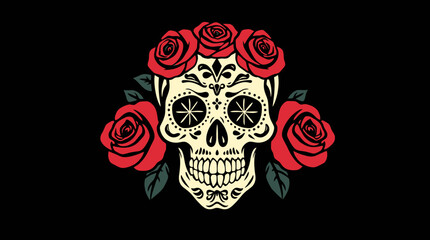 A decorative skull adorned with roses, a traditional symbol of Dia de los Muertos.