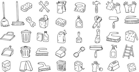 Cleaning Supplies Doodle Collection: Hand-Drawn Vector Illustration