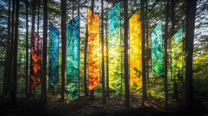 Fototapeta premium Enchanting forest installation of multicolored stained glass panels in nature