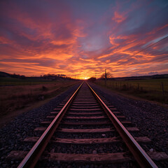 Fototapeta premium The railway tracks, rusty and weathered, lead to a dramatic sunset with vibrant oranges and pinks, illuminating the rural landscape with rolling hills, green fields.