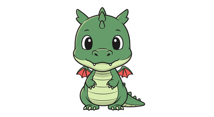 Adorable cartoon baby dragon with green scales and red wings.