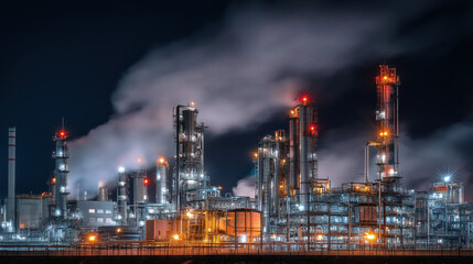 A towering oil refinery glows at night, its endless pipes and lights weaving an industrial maze of power and progress.
