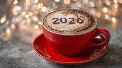 A red cup of coffee with the year 2026 printed on the froth. Soft bokeh lights in the background create a festive Christmas atmosphere. Copy space available.