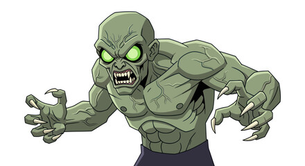 Muscular Green Zombie Monster with Glowing Eyes and Sharp Claws.