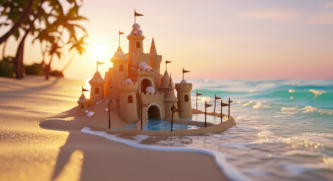 A highly detailed, three-dimensional digital rendering or photograph of a large, elaborate sandcastle situated on a tropical beach at sunset.