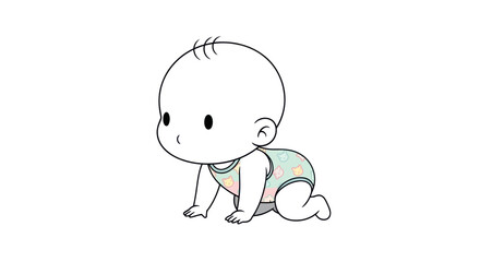 Adorable cartoon baby crawling on hands and knees wearing a diaper.