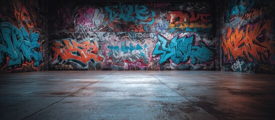 Graffiti-covered room with concrete floor