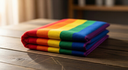 Folded rainbow flag on textured wooden surface with soft natural light, ultra-realistic cinematic photograph representing LGBTQ pride, solidarity, unity, love and diversity