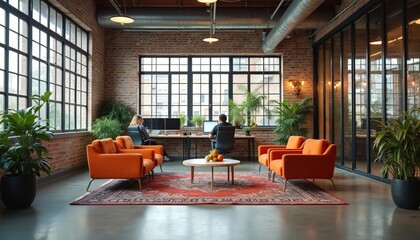 Open concept office space with brick walls, large windows, and plants. People work at desks in modern loft style workspace. Orange armchairs and rug create a cozy seating area.