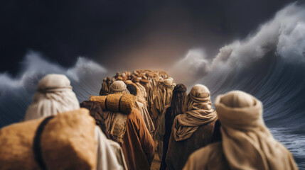 A vast sea parts with towering walls of water on both sides, opening a path where faith walks between power and deliverance.
