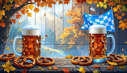 Oktoberfest ambiance with beer steins, pretzels, and an autumn-themed backdrop