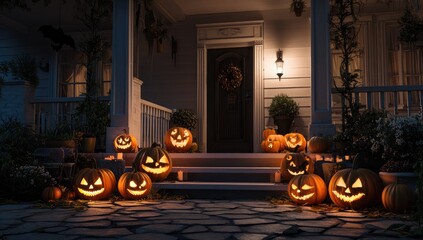 Obraz premium Halloween decorated porch at night