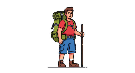 Cartoon Hiker with Backpack and Trekking Pole Ready for Adventure.