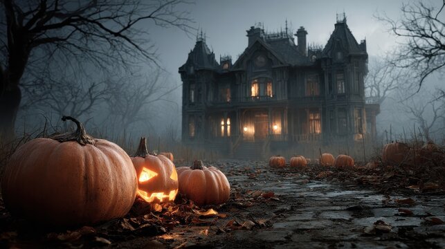 a halloween scene featuring pumpkins and a spooky haunted house