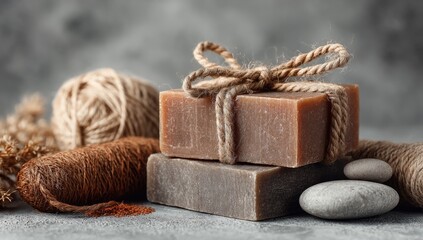 Stack of brown soap tied with twine, surrounded by natural elements