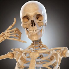Glowing skeleton with devil smile making call me back gesture. Phone Call Gesture.