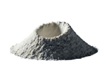 Extreme macro of pristine, finely milled wheat flour pile with deep swirling divot, soft fluffy texture, raking studio light, ethereal dust motes, purity concept