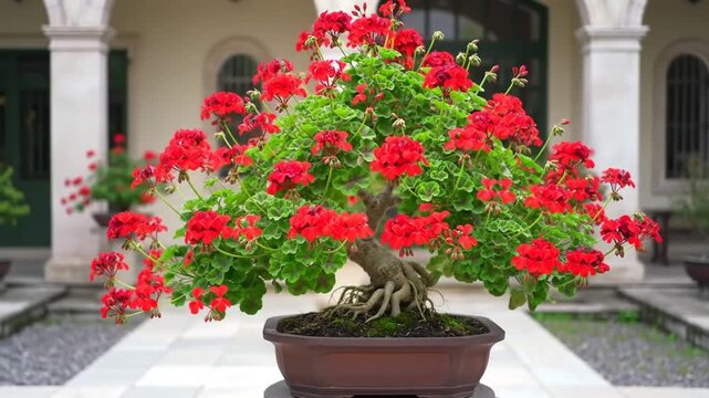 Red geranium bonsai outdoor