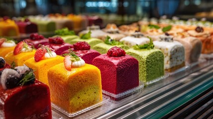 Fototapeta premium Colorful cube cakes with fresh toppings showcase gourmet bakery desserts. Perfect for dessert lovers who enjoy variety. A tempting treat for any occasion.