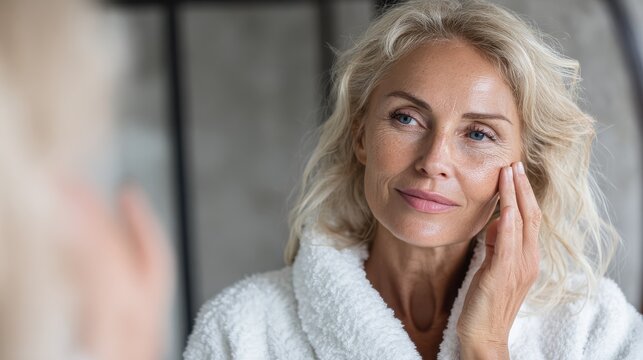 gorgeous mid age older adult 50 years old blonde woman wears bathrobe in bathroom applying nourishing antiage face skin care cream treatment looking at mirror doing daily morning beauty routine no lo