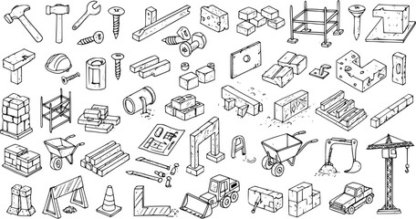 Isometric Hand-Drawn Construction Elements Set: Building Tools, Materials, and Heavy Equipment Doodles