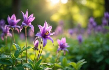 Purple aquilegia flowers bloom in a lush green garden during summer sunlight. Delicate petals open with yellow centers, surrounded by foliage and other blossoms in soft focus.