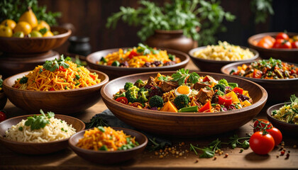 Fototapeta premium Colorful assortment of rice dishes with vegetables and spices served in wooden bowls on a rustic table.
