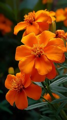 A vibrant cluster of orange marigold flowers in full bloom, their petals radiating warmth and beauty, creating a captivating display of natures artistry