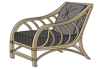 vintage bamboo rattan lounge chair with gray cushioned seat art deco style furniture isolated on white background.