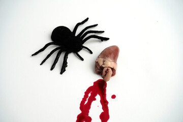 Black spider figure placed beside small organ with red blood drops on white background, creating...