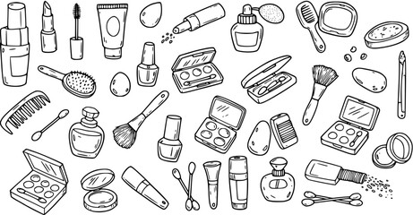 Hand-drawn Doodle Set of Various Makeup and Beauty Products, Cosmetics, and Personal Care Accessories - Black and White Line Art Vector