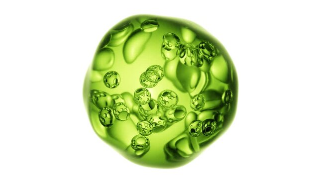 Floating transparent green 3D glossy sphere with large liquid bubbles inside over white surface, surreal seamless abstract animation for minimal conceptual motion, modern cosmetics