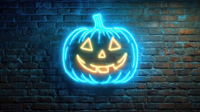 glowing jack o lantern with neon blue outline on brick wall background halloween pumpkin 1