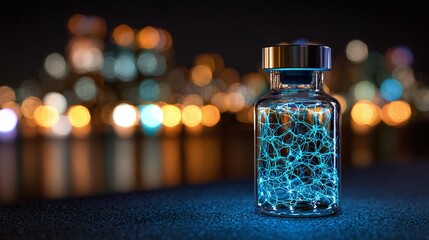 Glowing Networks in Container: Conceptual Image of Interconnectivity. Depicts data, technology, and networks against a city backdrop. Modern, abstract, and digital.