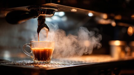 Fototapeta premium Espresso pouring into a small glass cup, filled with steam and warm light.