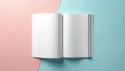 Open blank magazine spreads on pastel pink and blue backdrop. Clean empty pages for graphic design, editorial layout, and creative content. Minimalist presentation space.