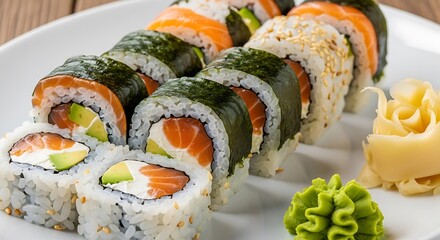 Delicious Philadelphia Rolls with Salmon, Cream Cheese, and Avocado, Ready to Eat 