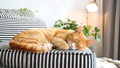 A ginger cat is sleeping on a striped chair, surrounded by indoor plants