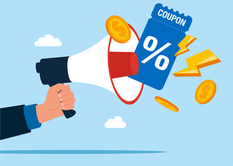 Special offer promotion. Hand with megaphone speaker for sales and shopping online, discount coupon of cash. Vector flat illustration