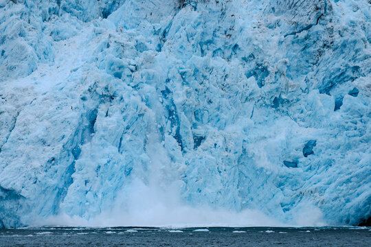 Aialik Glacier face calving ice bergs into the bay with seabirds flying in front of the mountainous spray of the splash provides perspective on its size