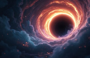 Obraz premium Deep space vortex with glowing ring and dark center. Cosmic clouds swirl around immense gravitational pull. Stars sparkle in the vast abyss of the unknown universe.