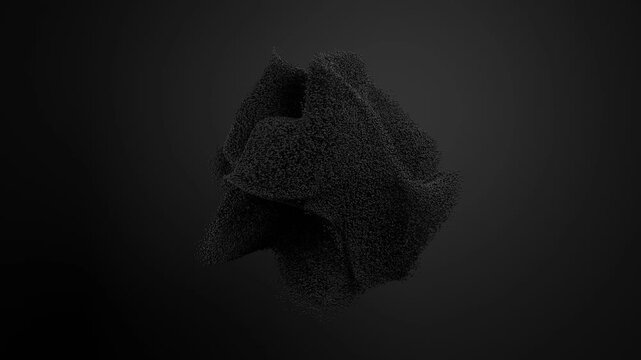 Minimal seamless 3D abstract animation of chaotic black particle cloud floating over dark background, futuristic geometric motion design perfect for branding, visual identity, digital art
