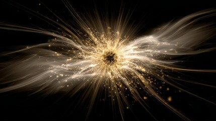 Obraz premium An explosive abstract corona of golden and white energy erupting from a dark center, sending out waves of luminous particles. 