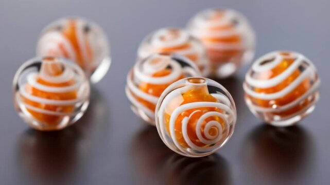 Handmade glass beads with orange and white swirl pattern inside