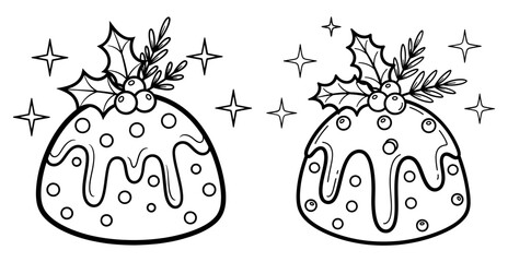 Vector art of two christmas puddings with holly and berries, perfect for coloring books or cards