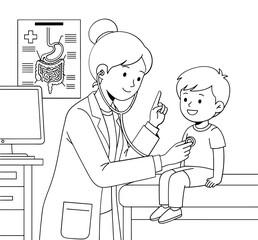 Illustration of a doctor examining a child, coloring page style