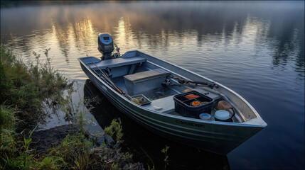 Obraz premium An aluminum boat rocks gently on still waters as morning mist curls above, a quiet moment of calm and reflection. 
