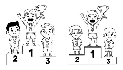 Illustration of children on a podium and winning a trophy