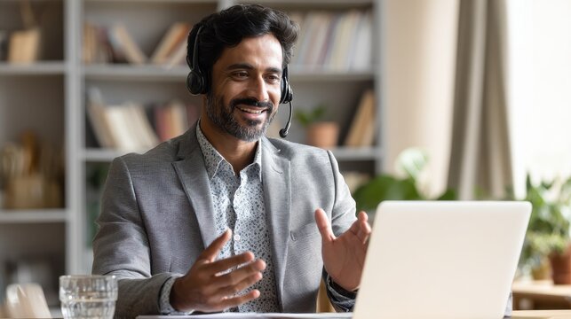 indian business man speaking having virtual meeting on laptop professional remote online customer service support manager wearing headset talking consulting on video call at home office call center n