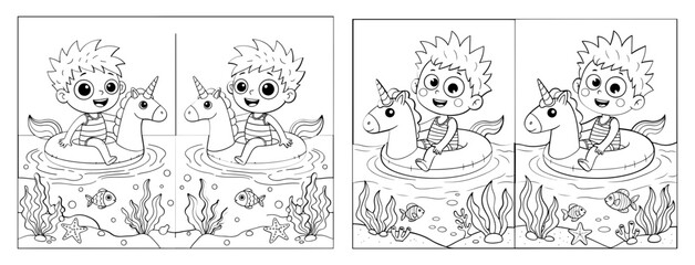 Vector art of happy kids swimming with unicorn inflatable ring outline vector illustration